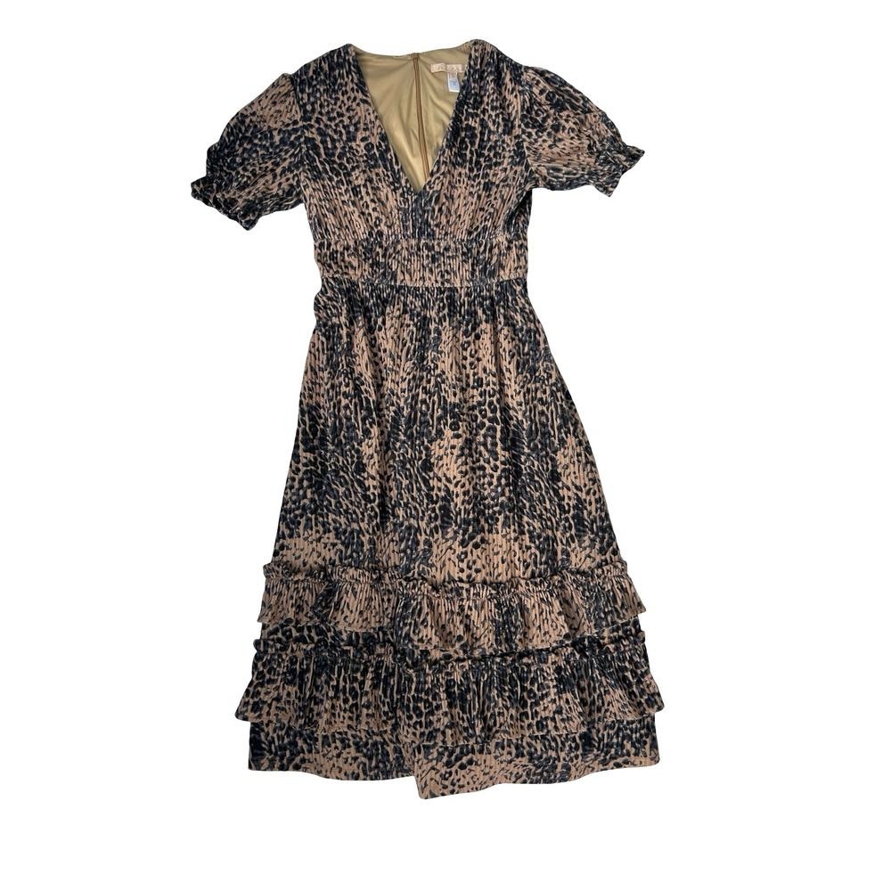 Hutch Leopard Print Midi Dress V-Neck Puff Sleeve Smocked Waist Tiered Ruffle S